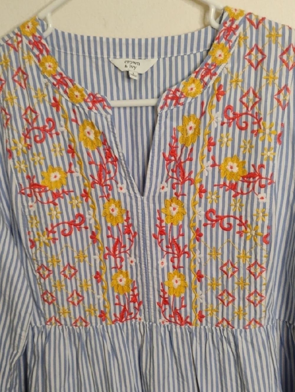 crown & ivy Blue and Yellow Embroidered Striped Tunic Large - Picture 3 of 7